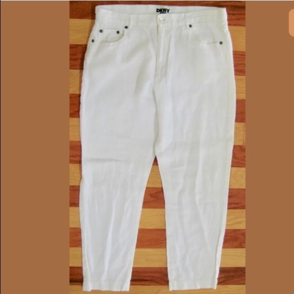 Dkny Denim - VINTAGE 1990s DKNY DONNA KARAN WHITE LINEN CLASSIC JEANS PANTS HIGH RISE MOM 12